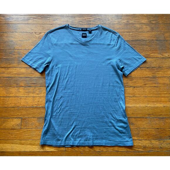 BOSS Hugo Boss Blue Mercerised V-Neck T-Shirt Mens sz S - Picture 1 of 11